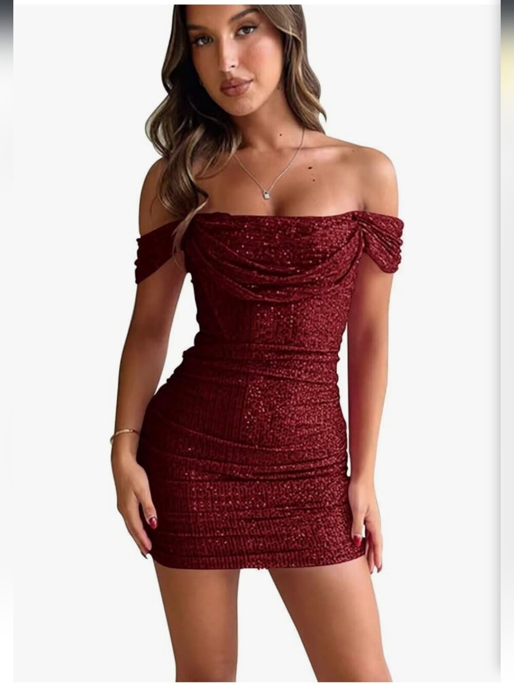 NWT Off-Shoulder Sequin Bodycon Mini Dress - Wine Red